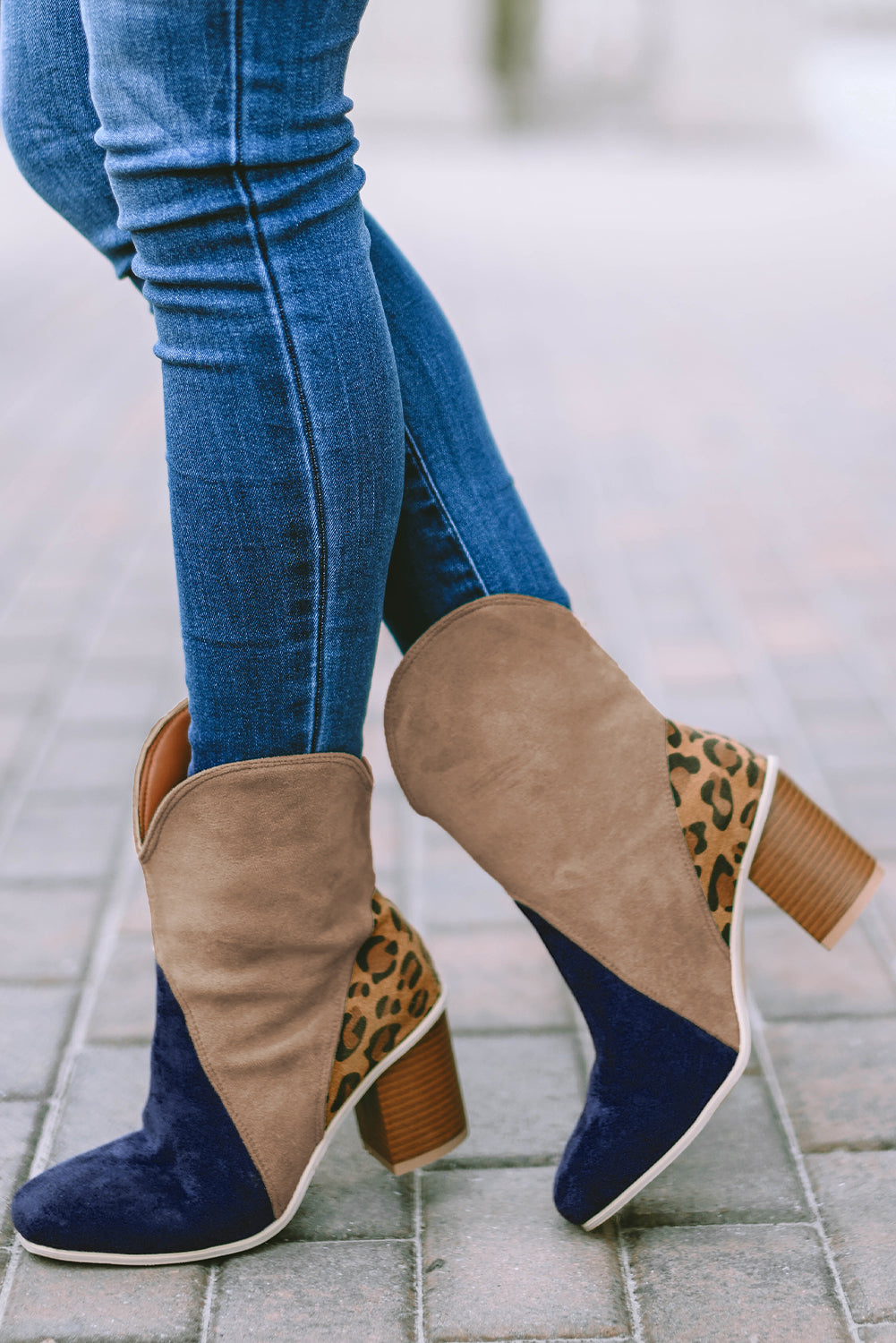 Leopard Print Patchwork Chunky Block Heel Boots