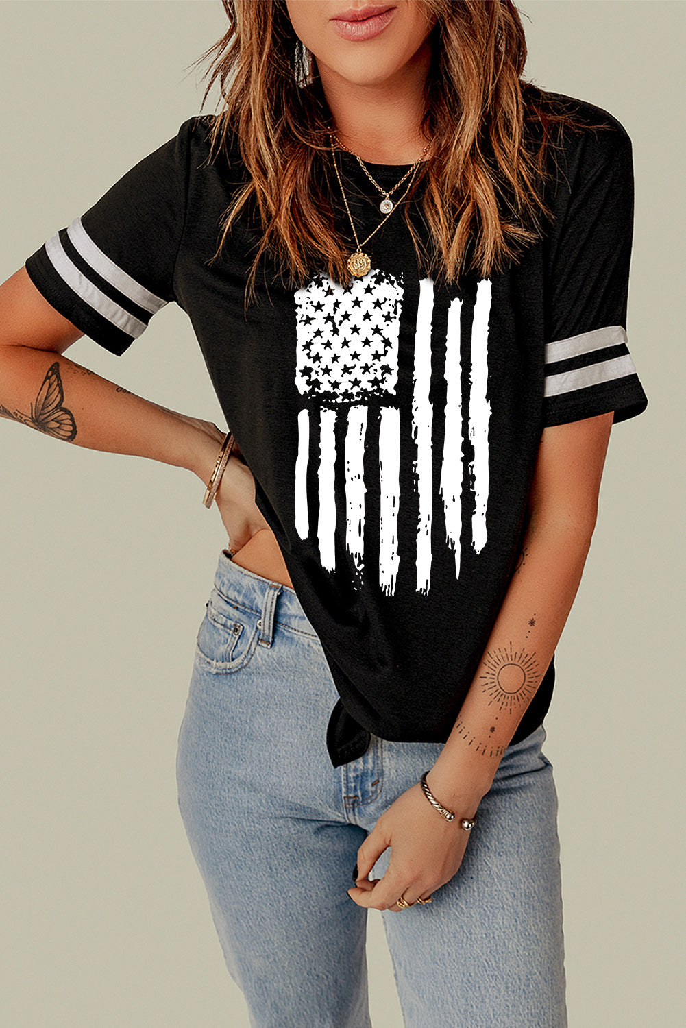 Black American Flag Graphic Striped Sleeve Knot Hem T Shirt