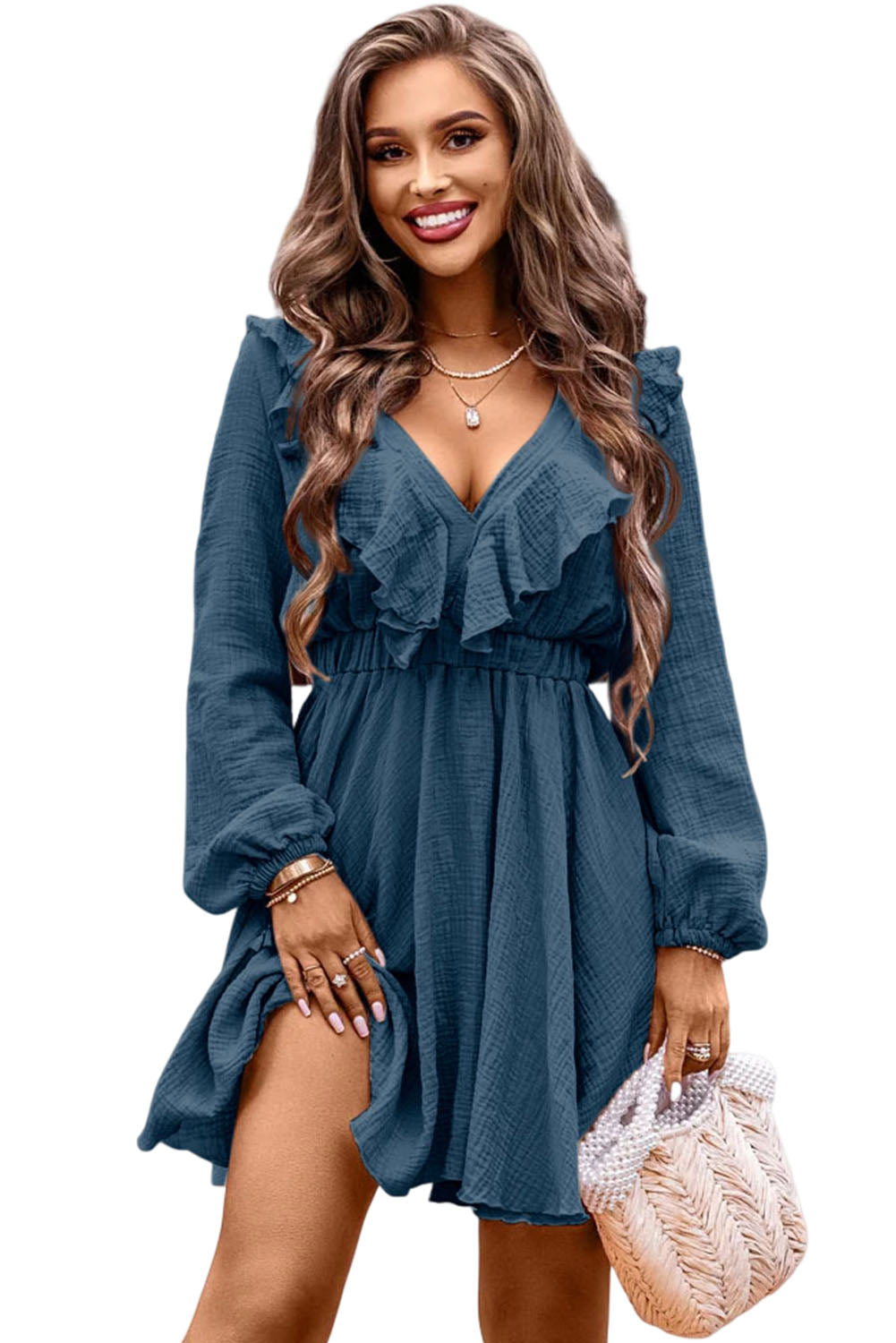 Khaki Textured Ruffled V Neck High Waist Mini Dress