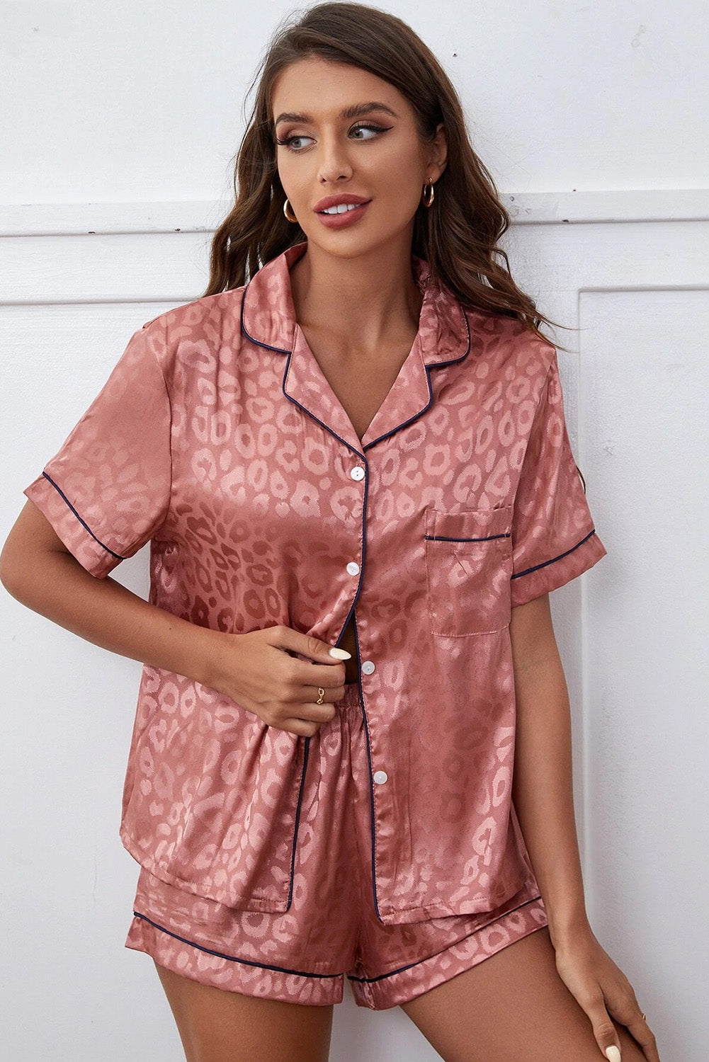 Pink Leopard Button Up Collar Neck Shirt & Shorts Lounge Set