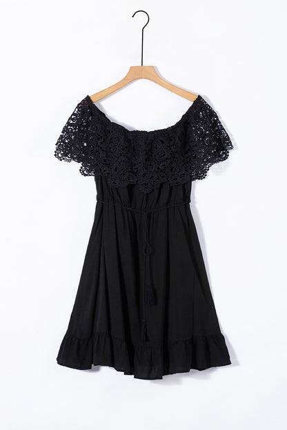 Casual Lace Cutout Pleated Off Shoulder Plus Size Dress