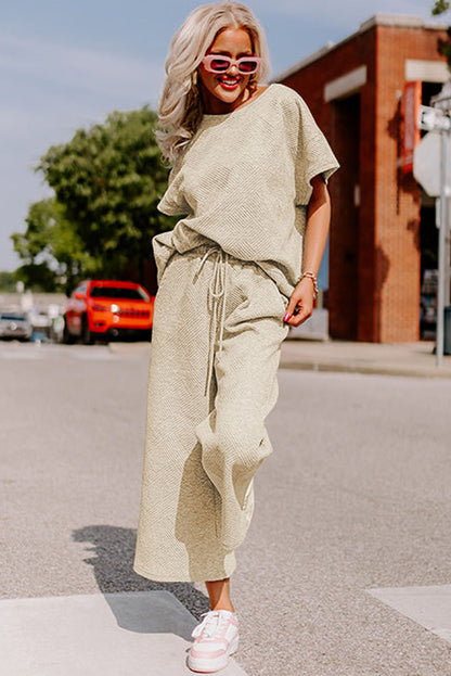 Gray Textured Loose Fit T Shirt & Drawstring Pants Set