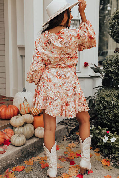 Floral Print Bubble Sleeve Cinched Waist Dress