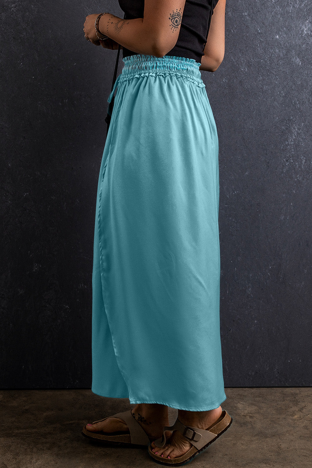 Peacock Blue Drawstring Elastic Waist Side Split Flowy Skirt