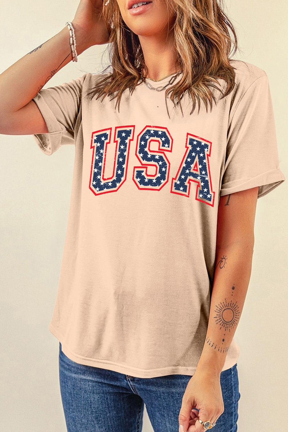 Khaki 4th Of July Starry USA Letter Graphic T Shirt