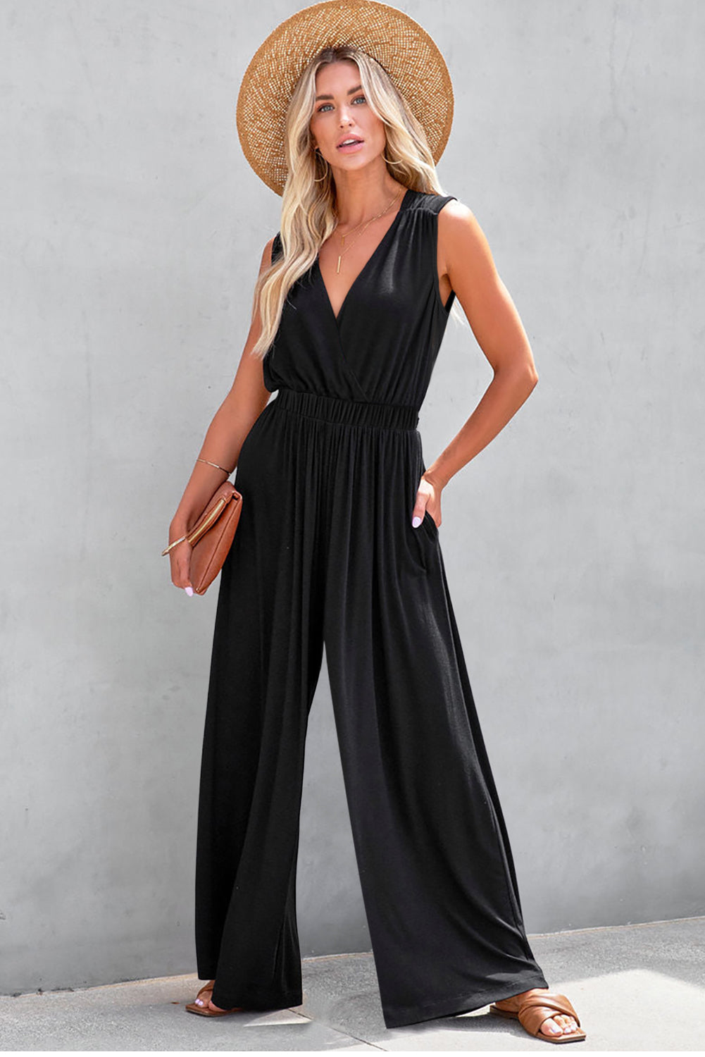 Black Deep V Pocketed Pleated Wide Leg Jumpsuit