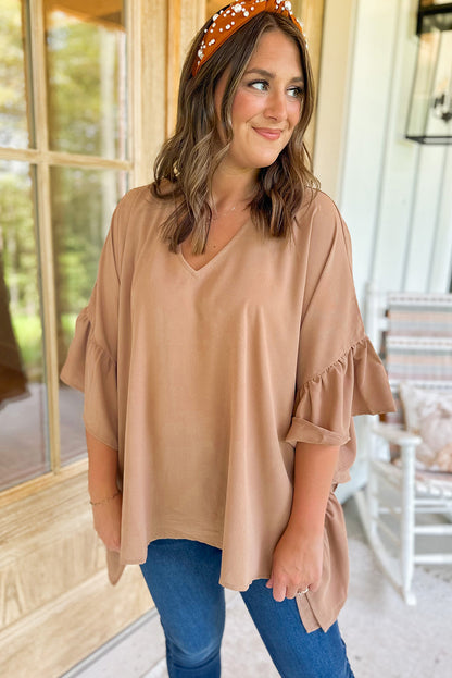 Smoke Gray Plus Size Ruffled Batwing Sleeve V Neck Blouse