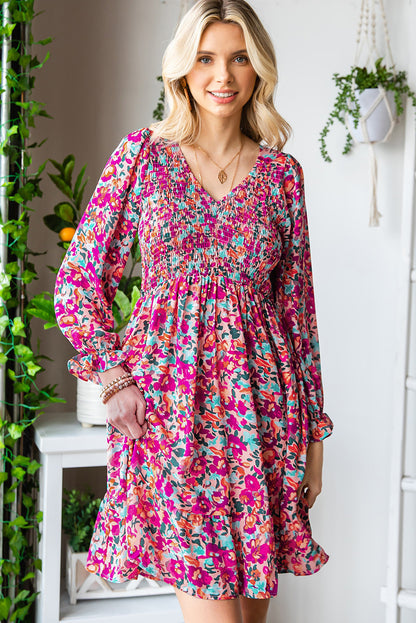 Floral Print Long Sleeve Flounce Hem V Neck Smocked Dress