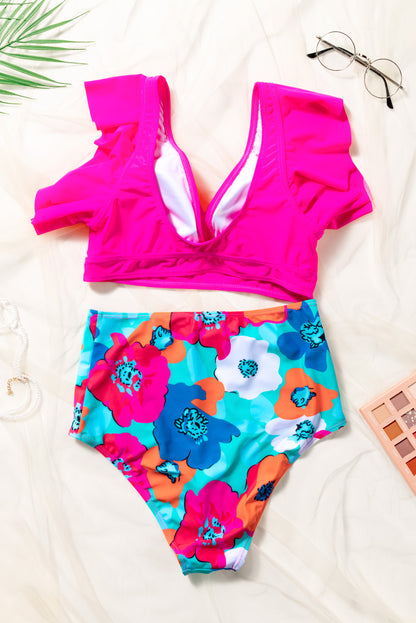 Two Piece Swimsuit Rose V Neck Ruffles Floral Print High Waist