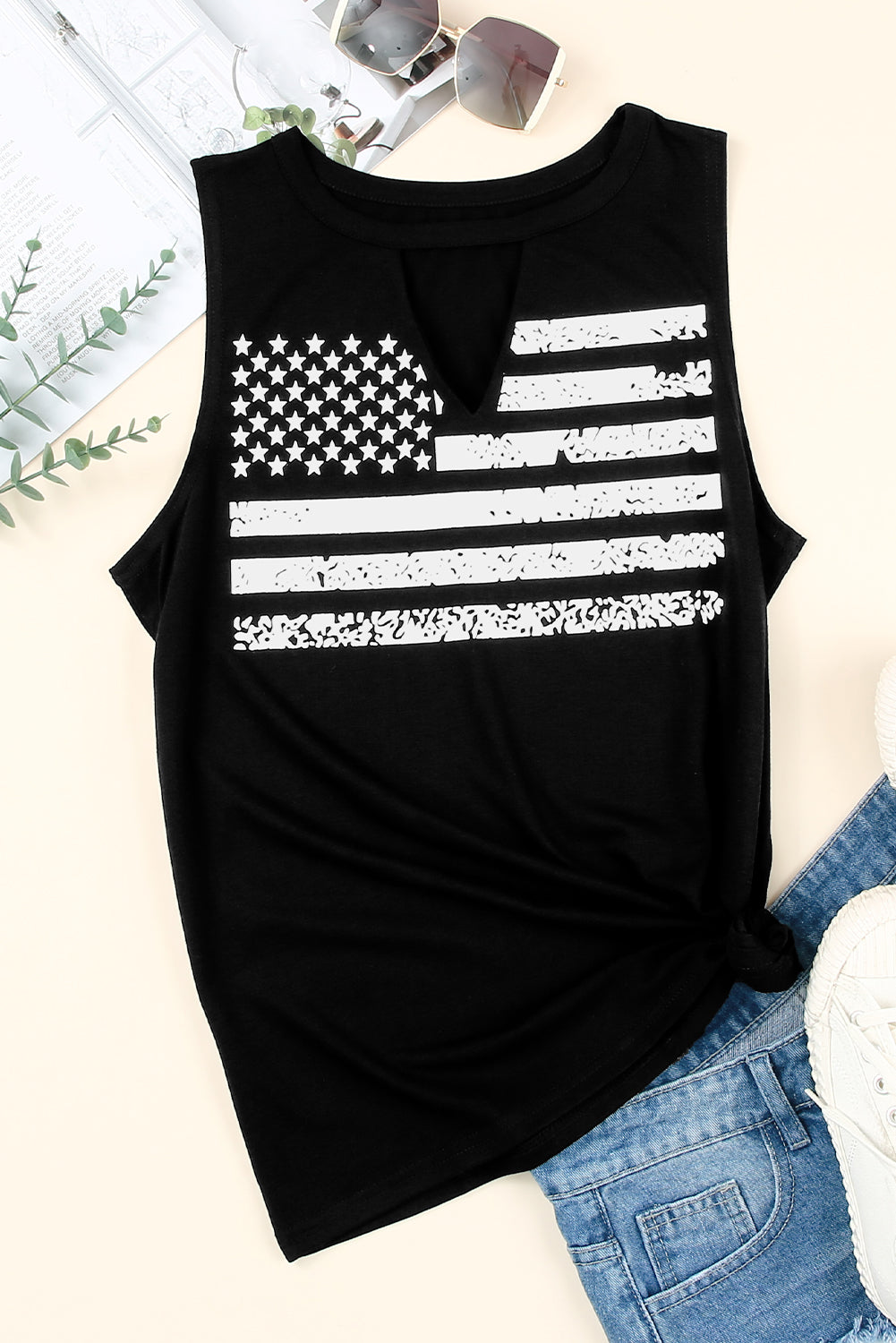 Casual Keyhole Neck Flag Print Tank Top