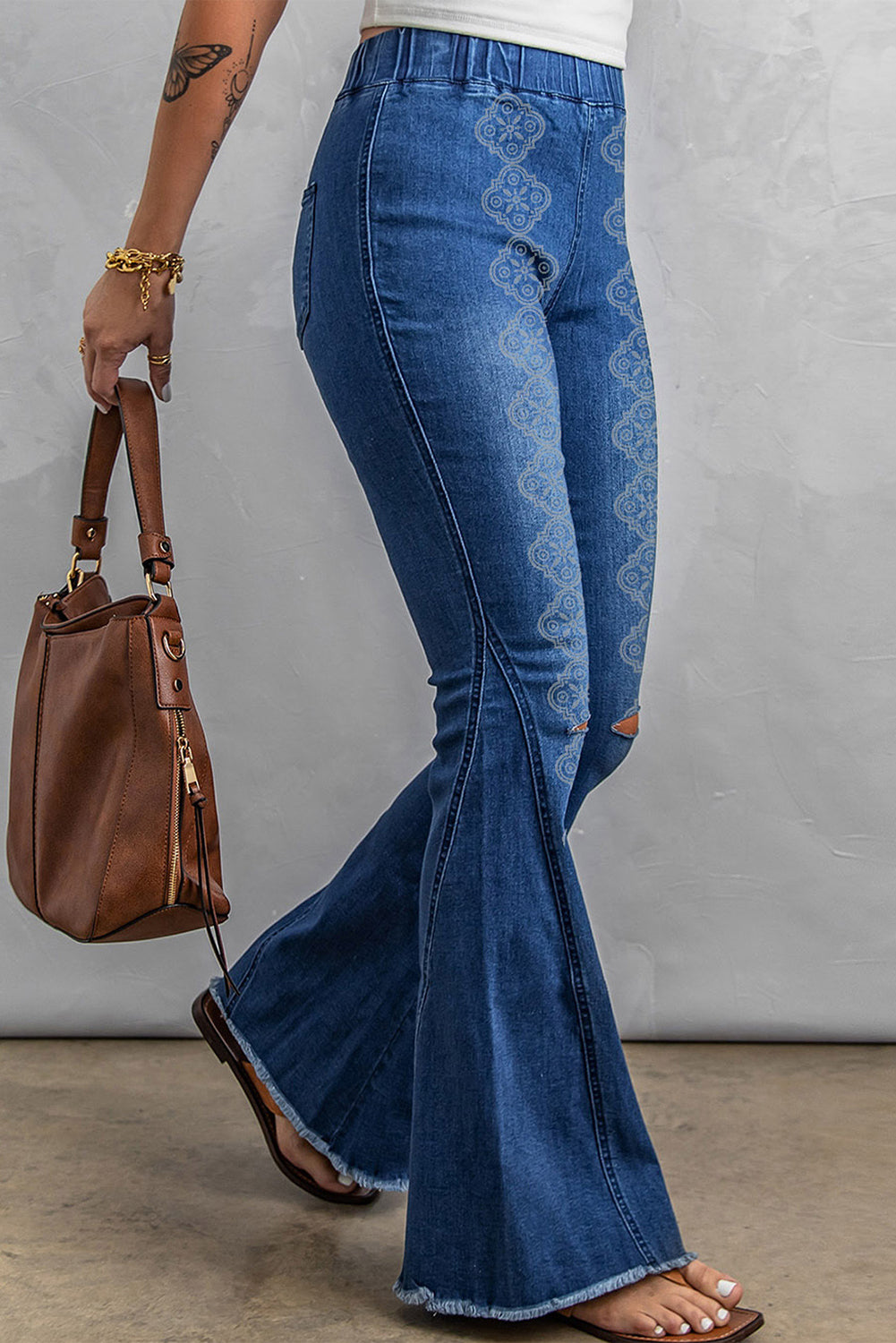 Dark Blue Distressed Raw Hem Bell Bottom Jeans