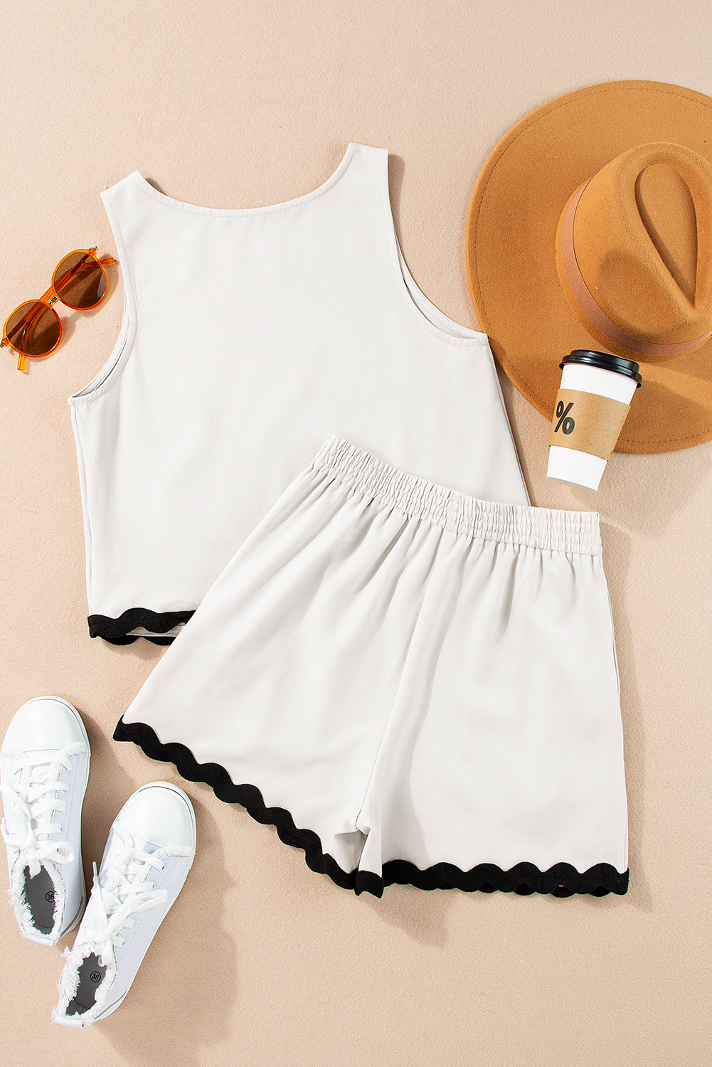 White Ricrac Applique Sleeveless Top and Pocketed Shorts Set