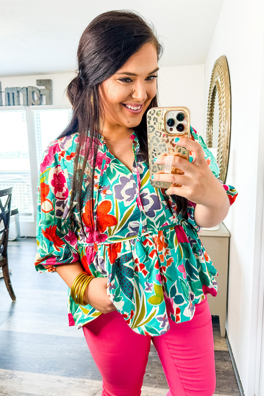 Multicolor Floral Tie Split Neck Plus Size Peplum Blouse