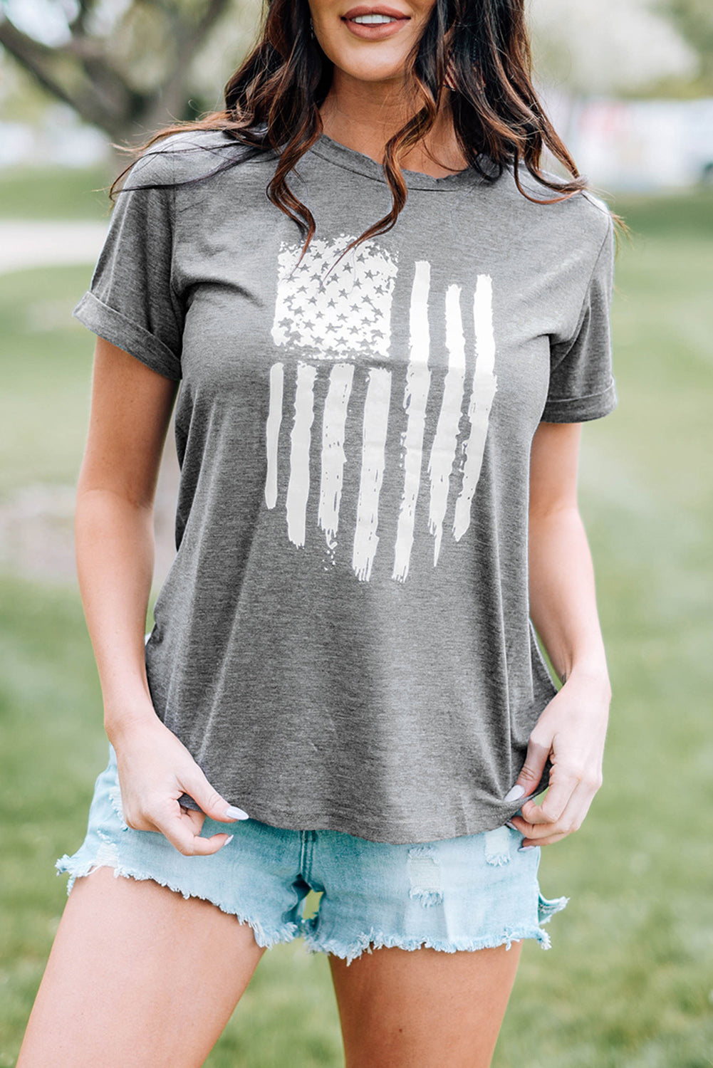 Gray Casual American Flag Graphic Crew Neck T Shirt