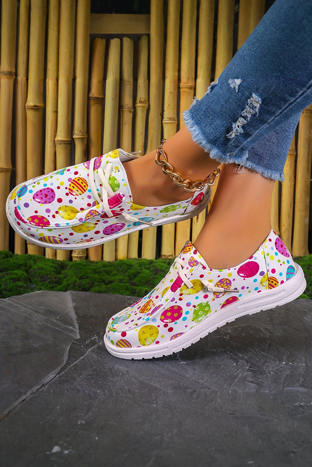 Light Pink Easter Eggs Printed Square Toe Slip On Sneakers