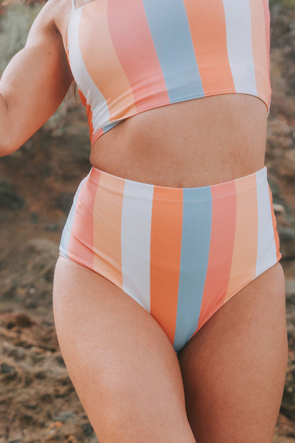 Two Piece Swimsuit Orange Striped Colorblock High Waist