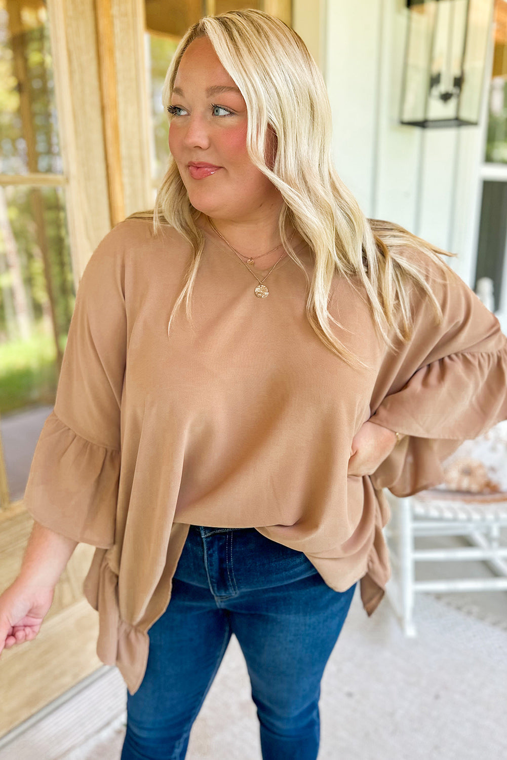 Smoke Gray Plus Size Ruffled Batwing Sleeve V Neck Blouse