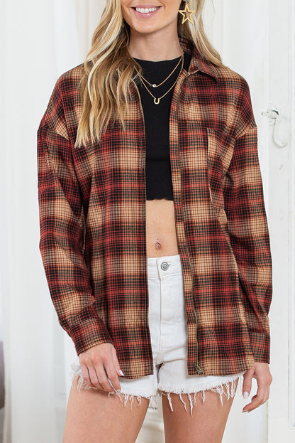 Fiery Red Plaid Print Chest Pocket Zip Up Shirt