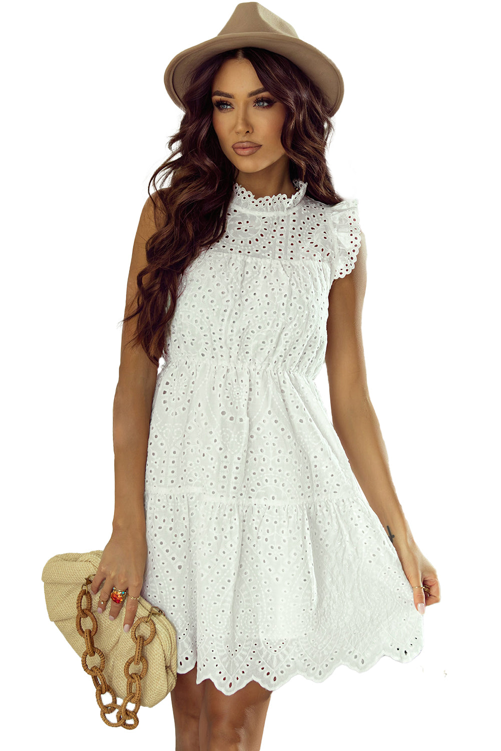 White Hollowed Flutter Sleeveless A-line Tiered Short Dress