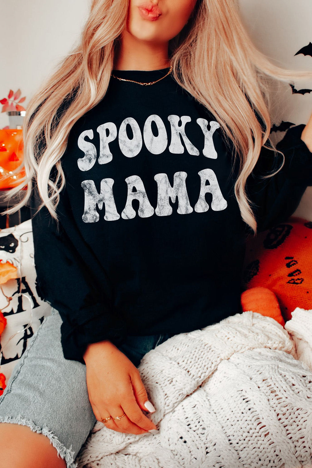 Black SPOOKY MAMA Letter Graphic Sweatshirt