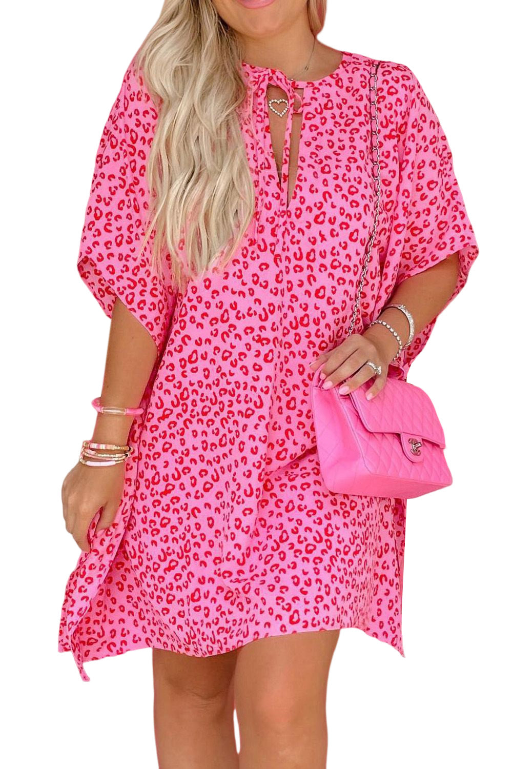 Rosy Leopard Print Oversized Casual Half Sleeve V Neck Top