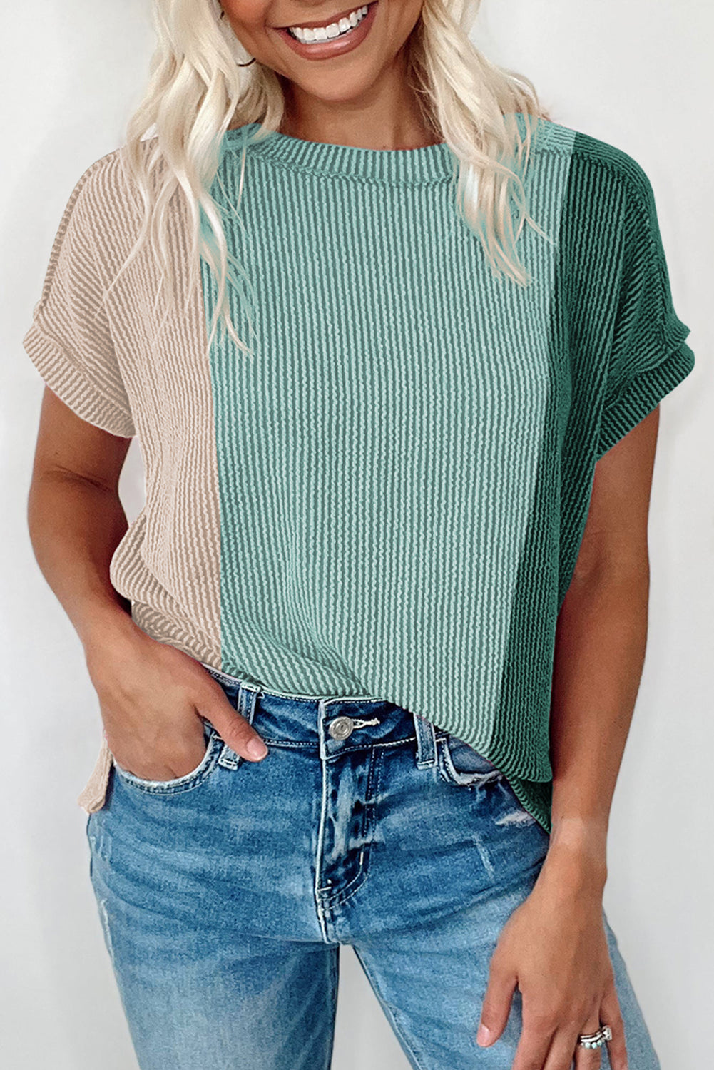 Mint Green Textured Colorblock Round Neck T Shirt
