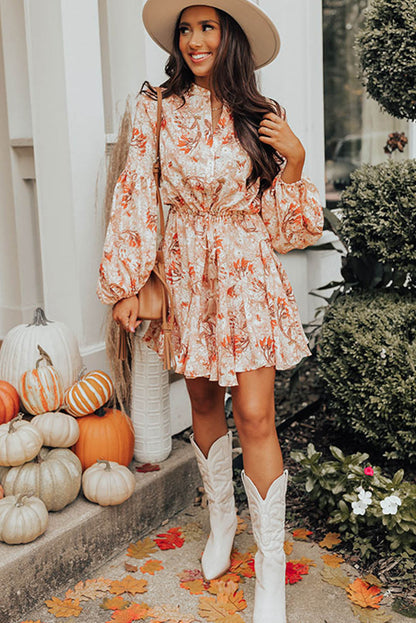 Floral Print Bubble Sleeve Cinched Waist Dress