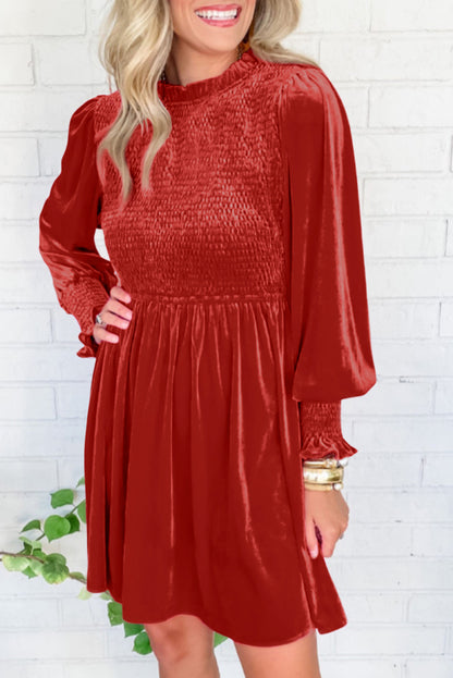 Smocked Lantern Sleeve Frilled Velvet Dress