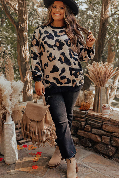 Leopard Ribbed Trim Pocketed Plus Size Sweater