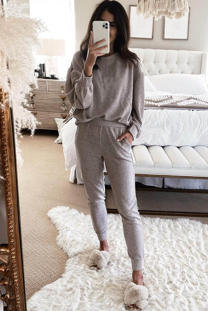 Long Puff Sleeeve Pocketed Casual Two Piece Set