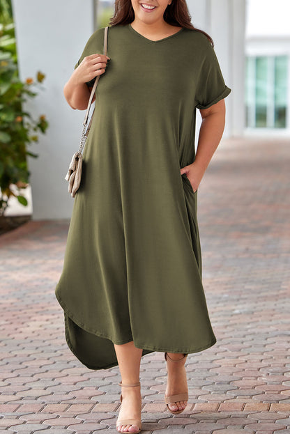 V Neck Rolled Cuffs Plus Size Maxi Dress