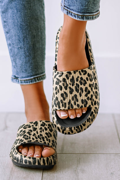 Black Leopard Print Open Toe Thick Flat Slippers