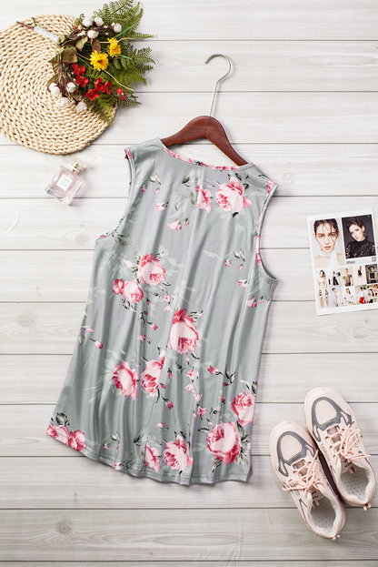 Floral Print Round Neck Casual Grey Tank Top