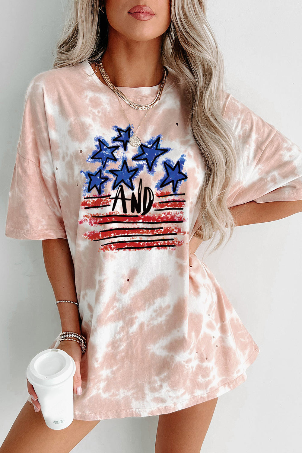 Pink Stars & Striped Tie Dye Distressed Boyfriend T Shirt