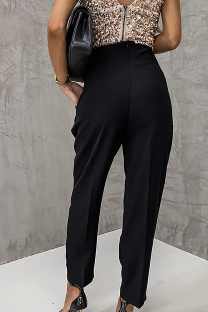 Black Double Breasted Pleated Casual Cropped Pants