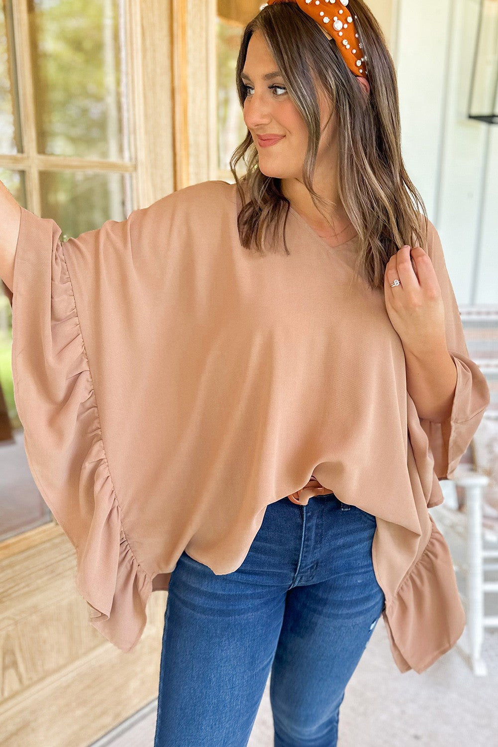 Smoke Gray Plus Size Ruffled Batwing Sleeve V Neck Blouse