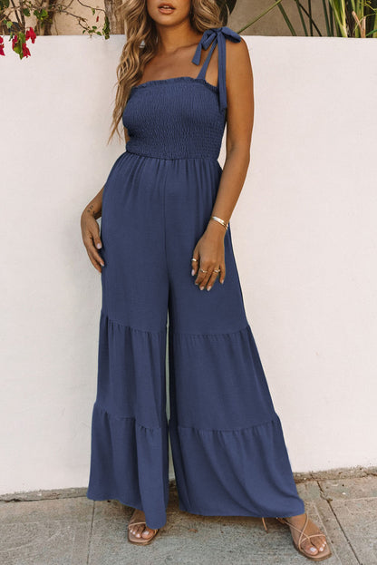 Green Tie Straps Shirred Casual Tiered Wide Leg Jumpsuit