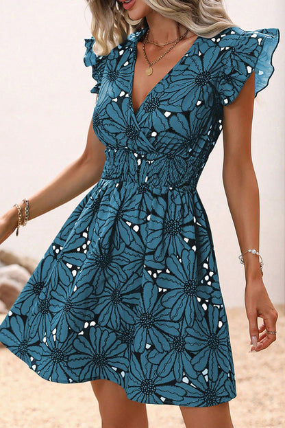 Real Teal Wrapped V Neck Floral Print Ruffle Short Sleeve Dress