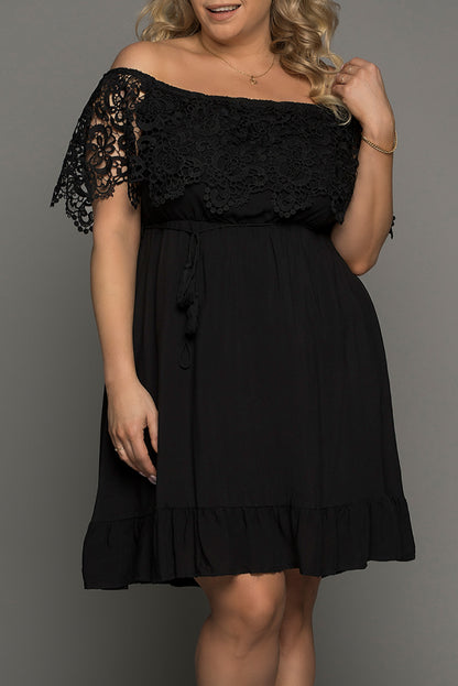 Casual Lace Cutout Pleated Off Shoulder Plus Size Dress