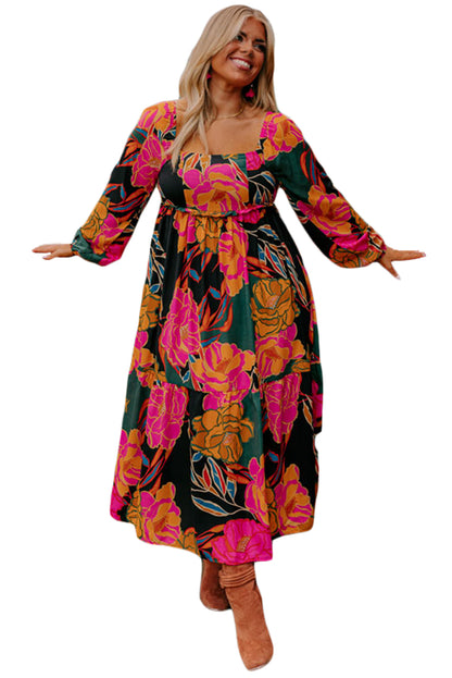 Multicolour Floral Print Square Neck High Waist Plus Size Dress