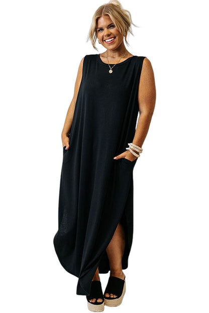 Plus Size Wide Sleeveless Shoulder Split Maxi Tank Dress