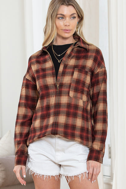 Fiery Red Plaid Print Chest Pocket Zip Up Shirt