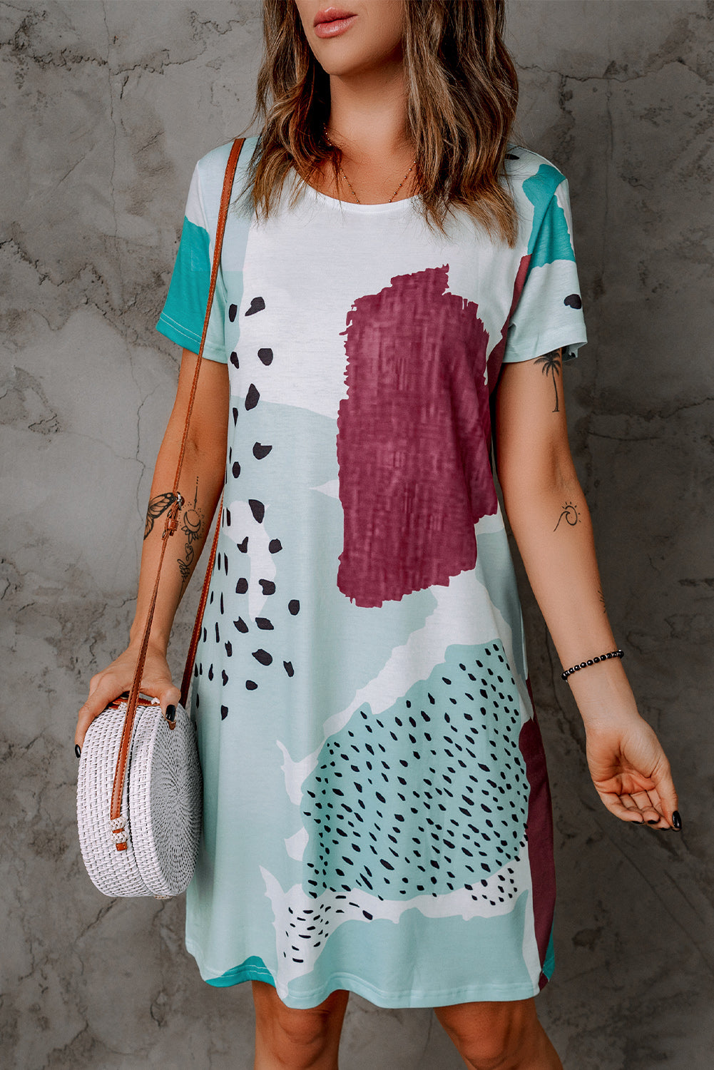 Casual Tie Dye Spotted Print Color Block Shirt Dress