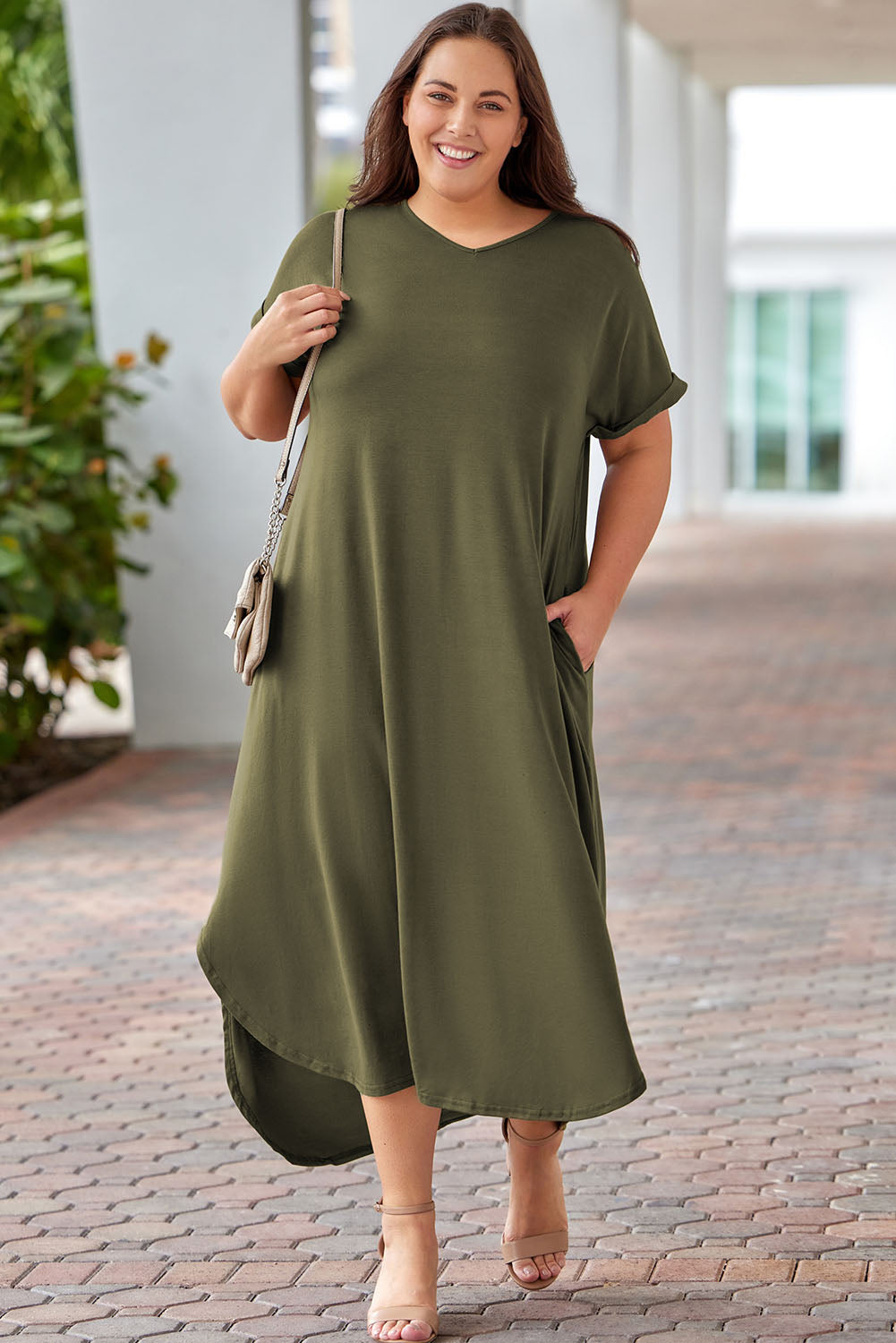 V Neck Rolled Cuffs Plus Size Maxi Dress