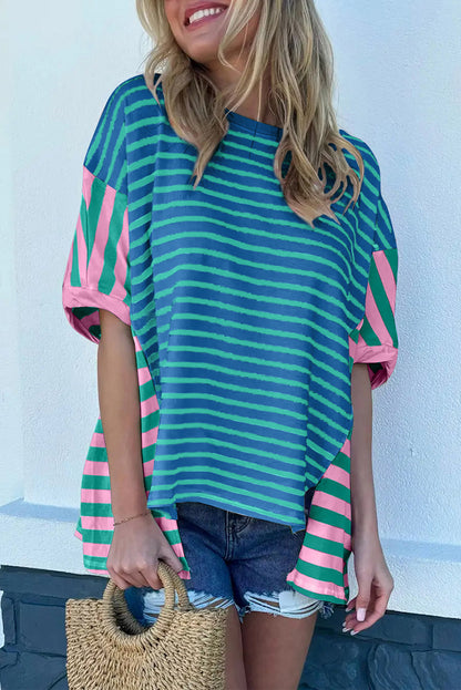 Striped Patchwork Slits Baggy T Shirt