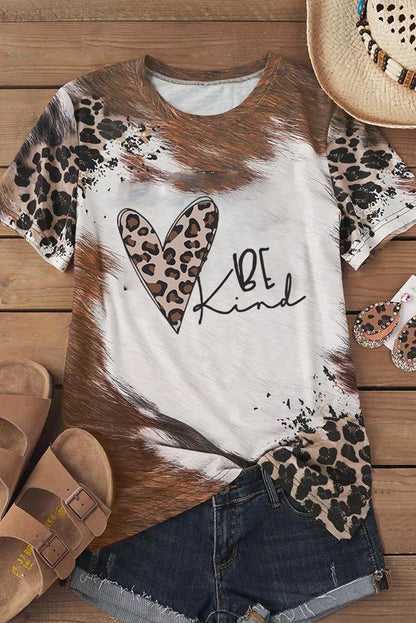 Chestnut BE Kind Leopard Heart Graphic Crew Neck T Shirt