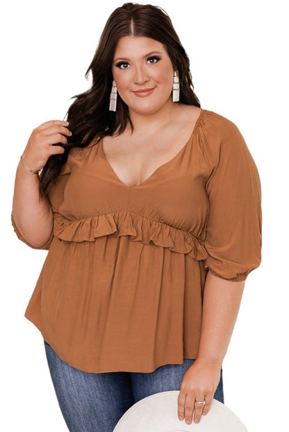 Brown Puff Sleeve V-Neck Ruffled Babydoll Blouse