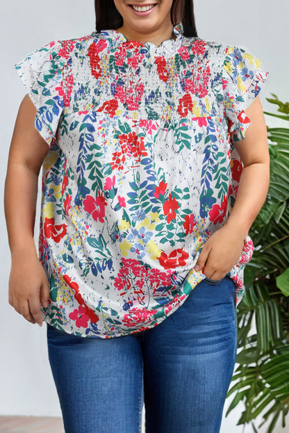 Plus Floral Print Ruffle Cap Sleeve V Neck Blouse