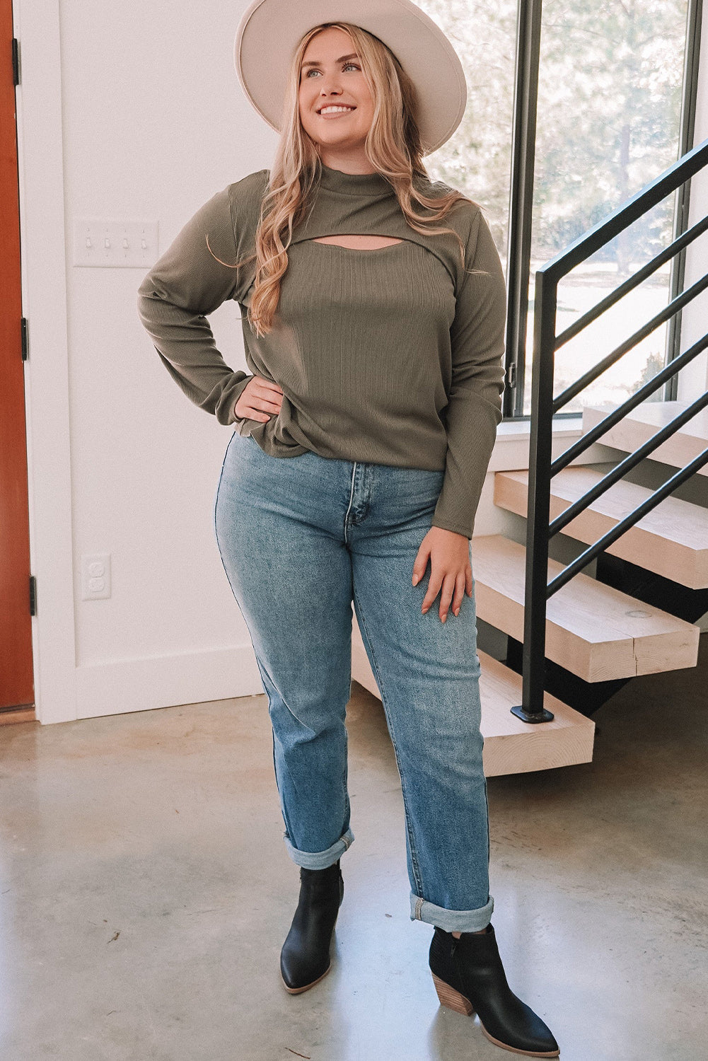 Plus Size Ribbed Mock Neck Peek-A-Boo Cut Out Top