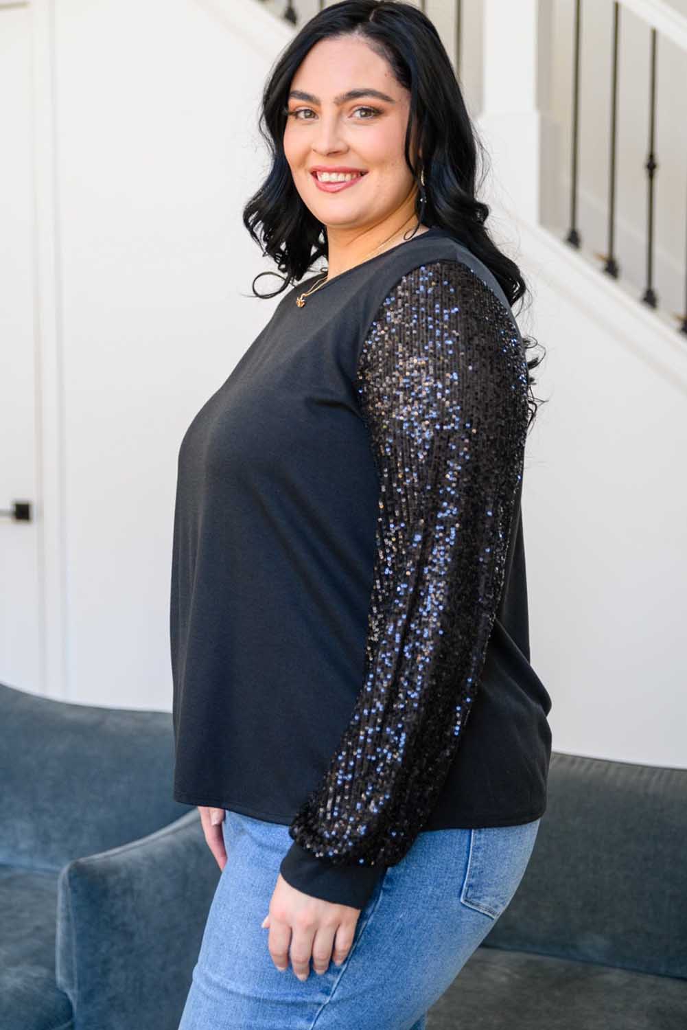 Sequin Contrast Long Sleeve Plus Size Top